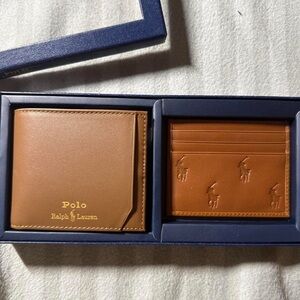 Polo by Ralph Lauren Brown Leather Bifold Wallet & Embossed Card Holder Set